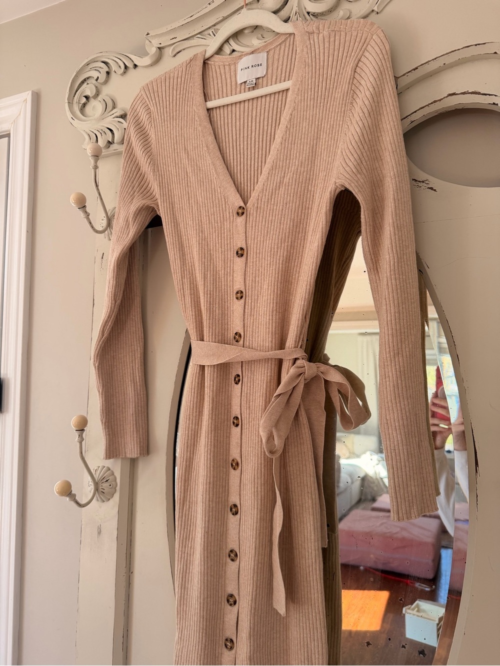 Ribbed Button-Front Belted Dress